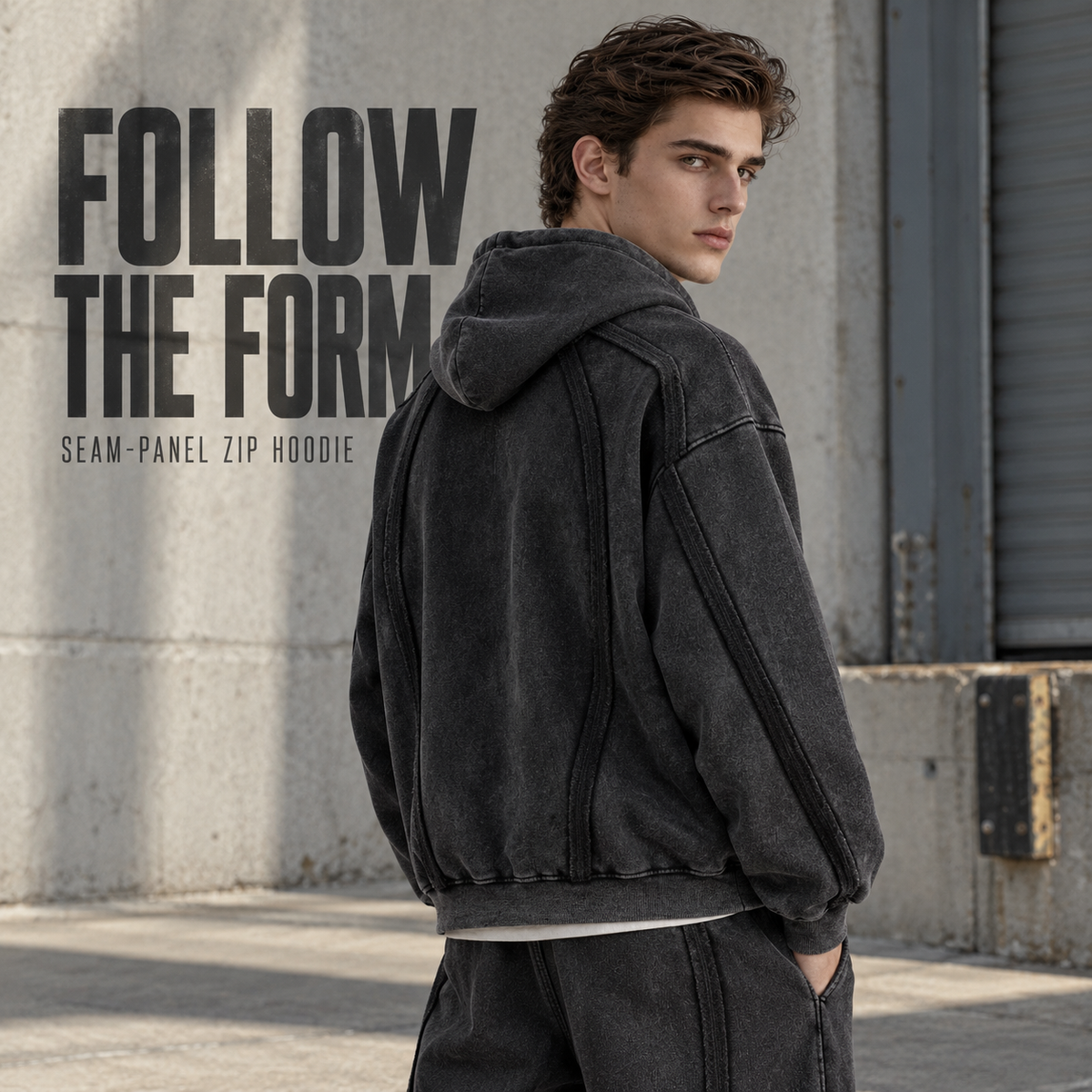A61352 Snow-Wash Black washed panel-seam two-way zip hoodie, rear or three-quarter styling view