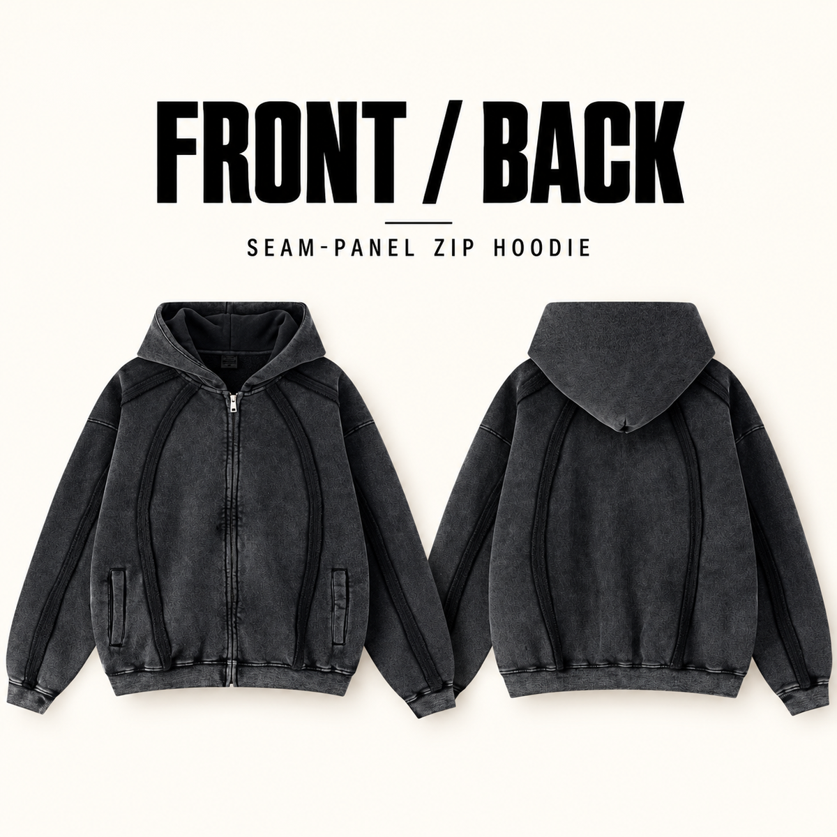 A61352 washed panel-seam two-way zip hoodie, front and back garment construction