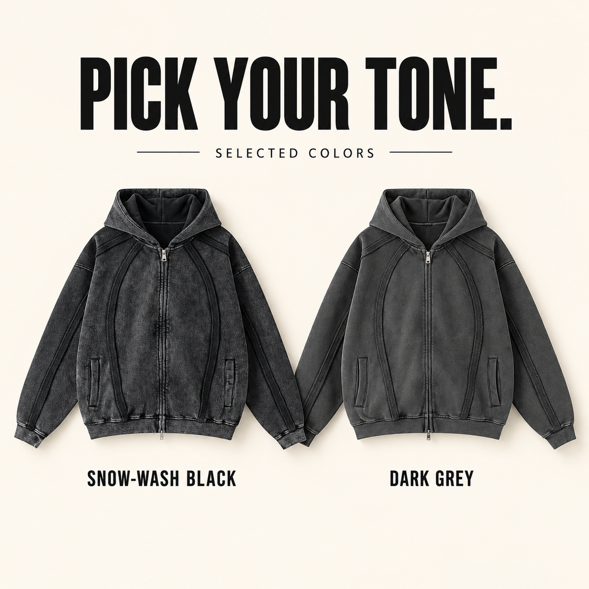 A61352 washed panel-seam two-way zip hoodie, ready-stock color selection