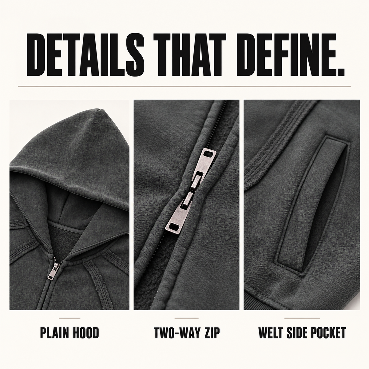 A61352 washed panel-seam two-way zip hoodie, close-up construction details