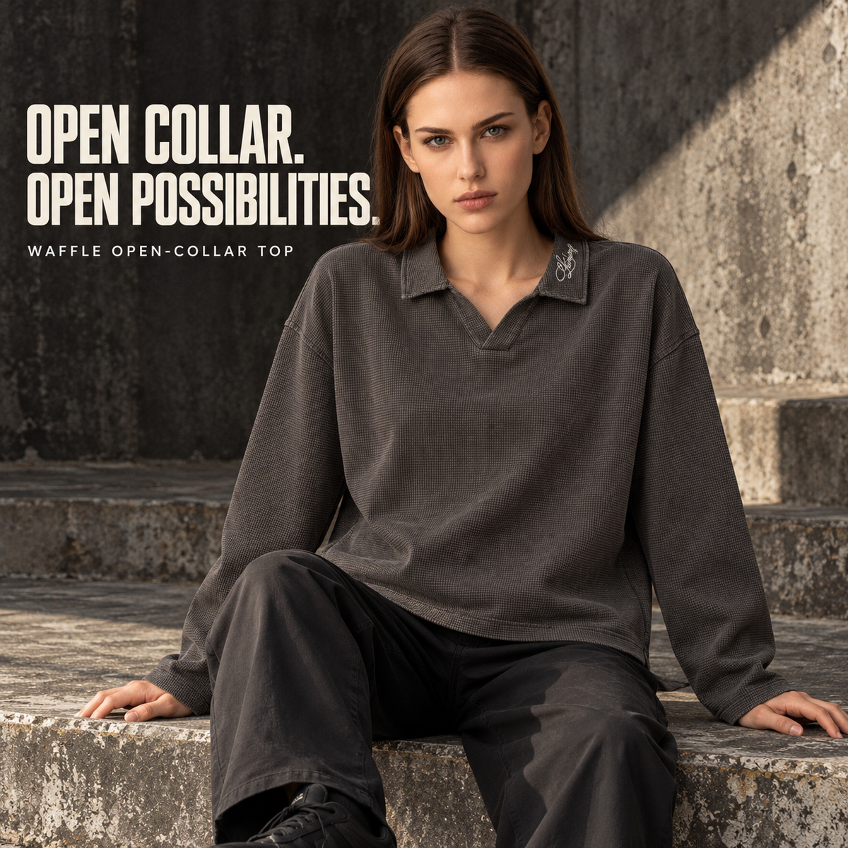 A6168 Charcoal Grey collar embroidery waffle long sleeve polo, alternate styling view