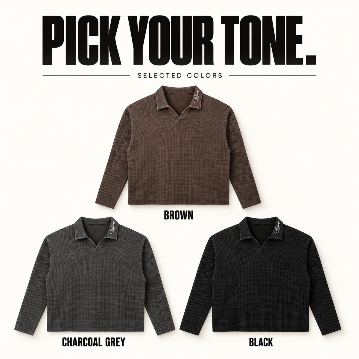 A6168 complete ready-stock color selection board showing Brown, Charcoal Grey, Black