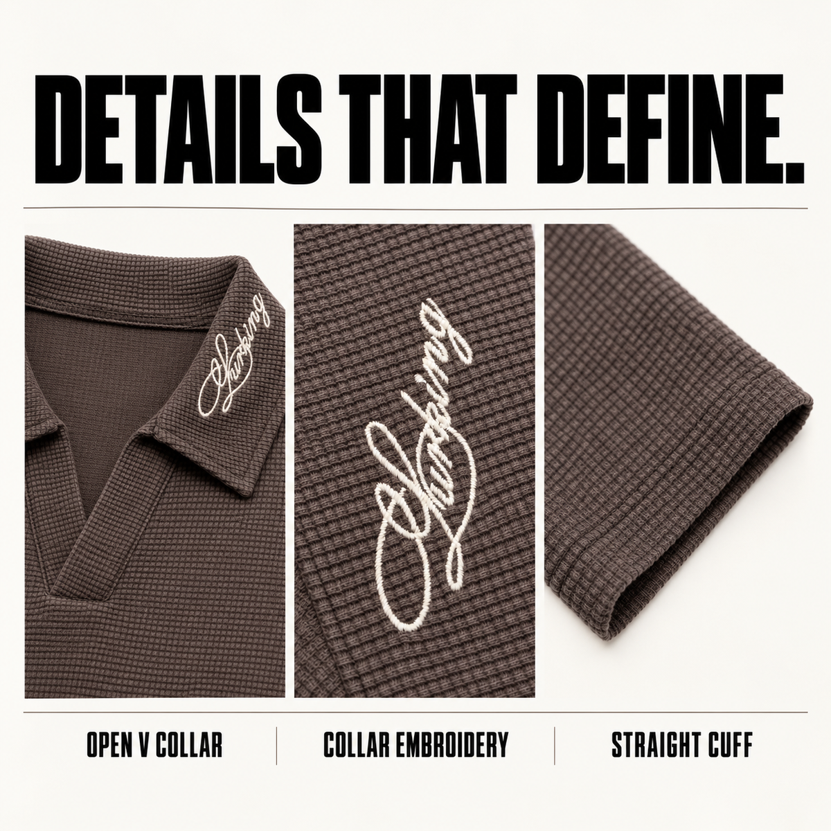 A6168 collar embroidery waffle long sleeve polo, close-up construction details