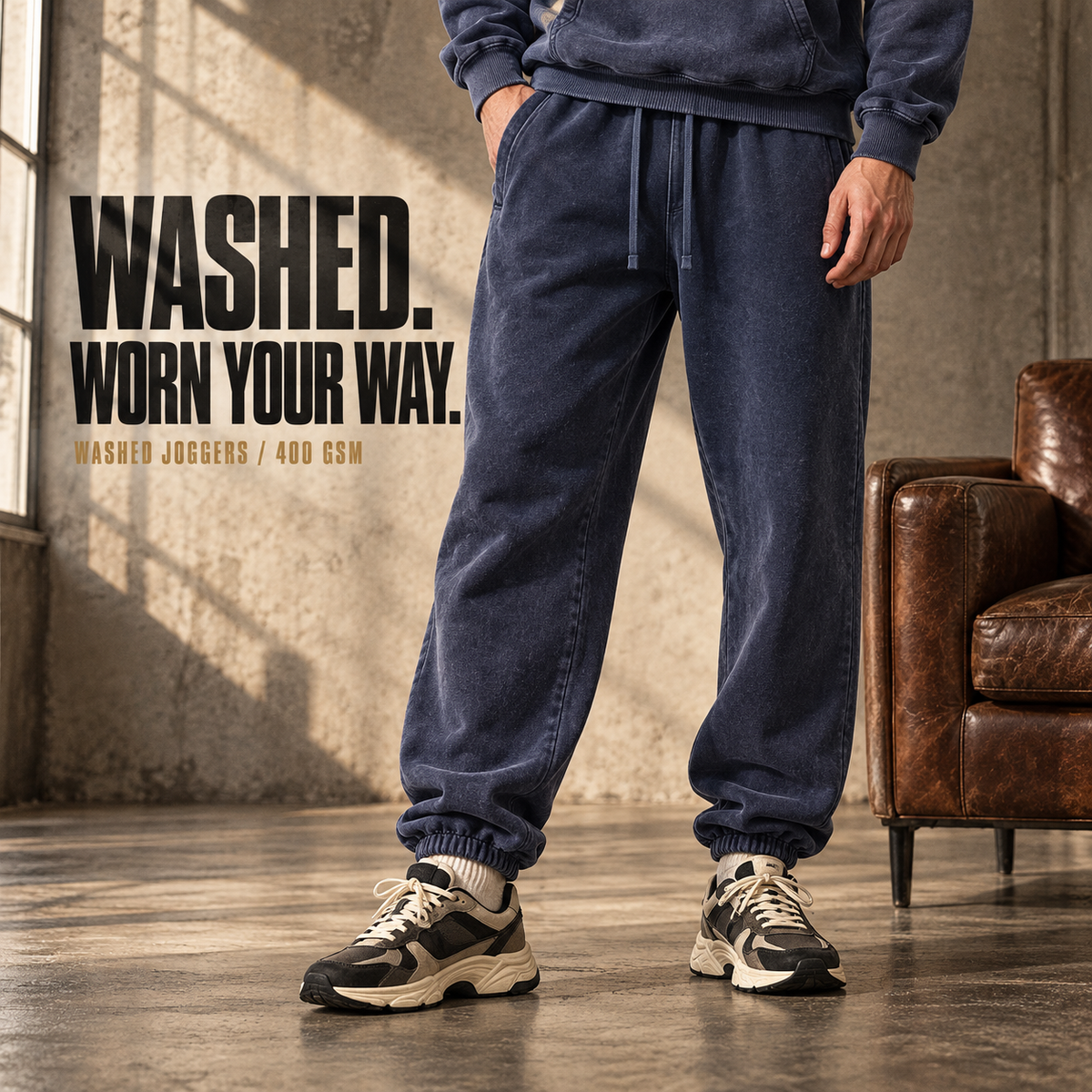 A6213 Washed Blue vintage washed fleece joggers, front styling view