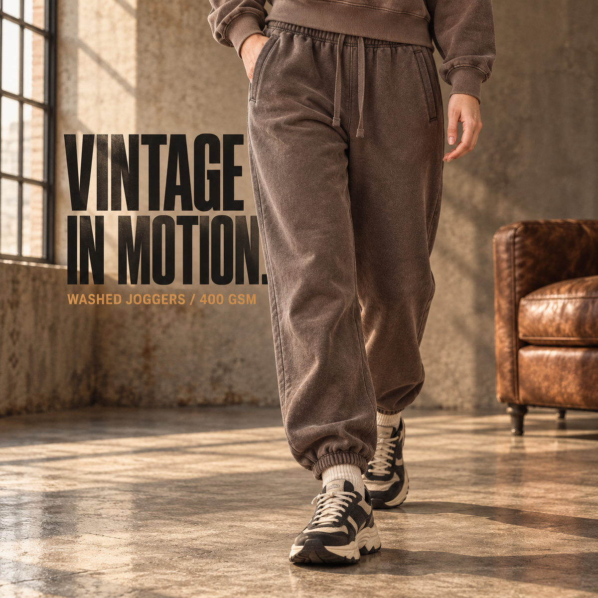 A6213 Brown vintage washed fleece joggers, alternate styling view