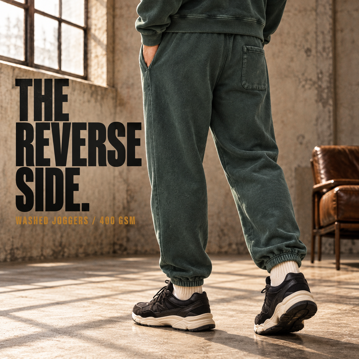 A6213 Forest Green vintage washed fleece joggers, rear or three-quarter styling view