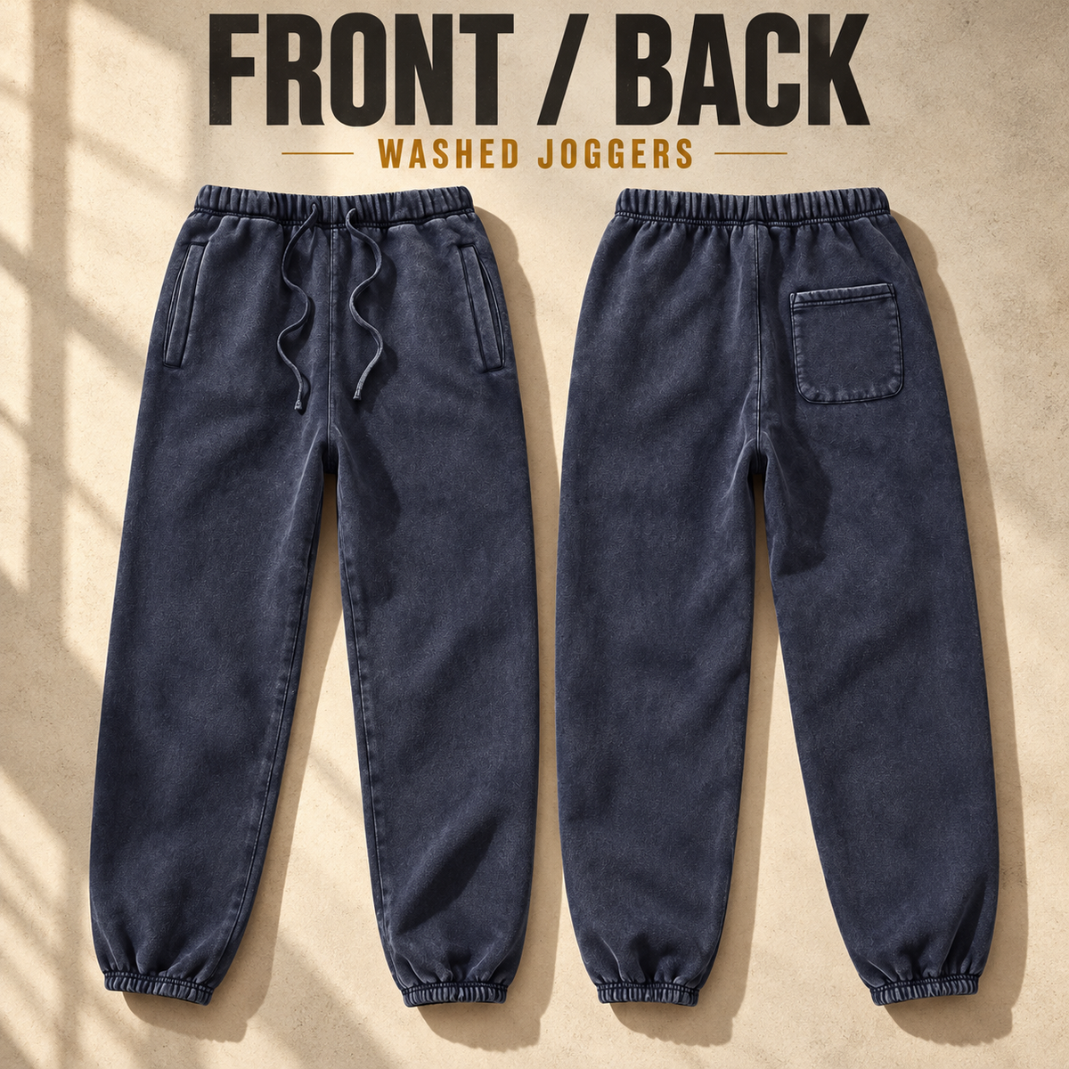 A6213 vintage washed fleece joggers, front and back garment construction
