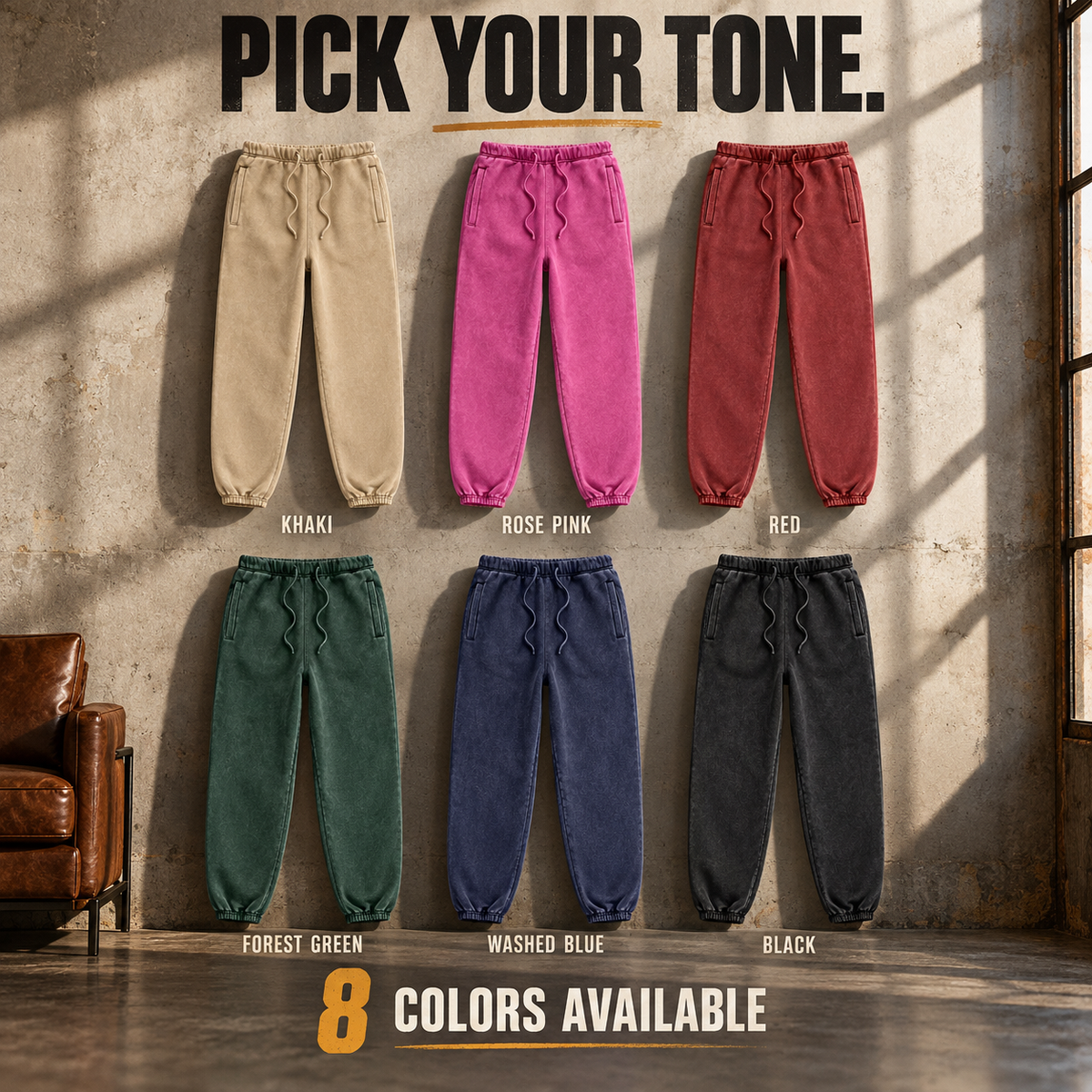 A6213 vintage washed fleece joggers, ready-stock color selection