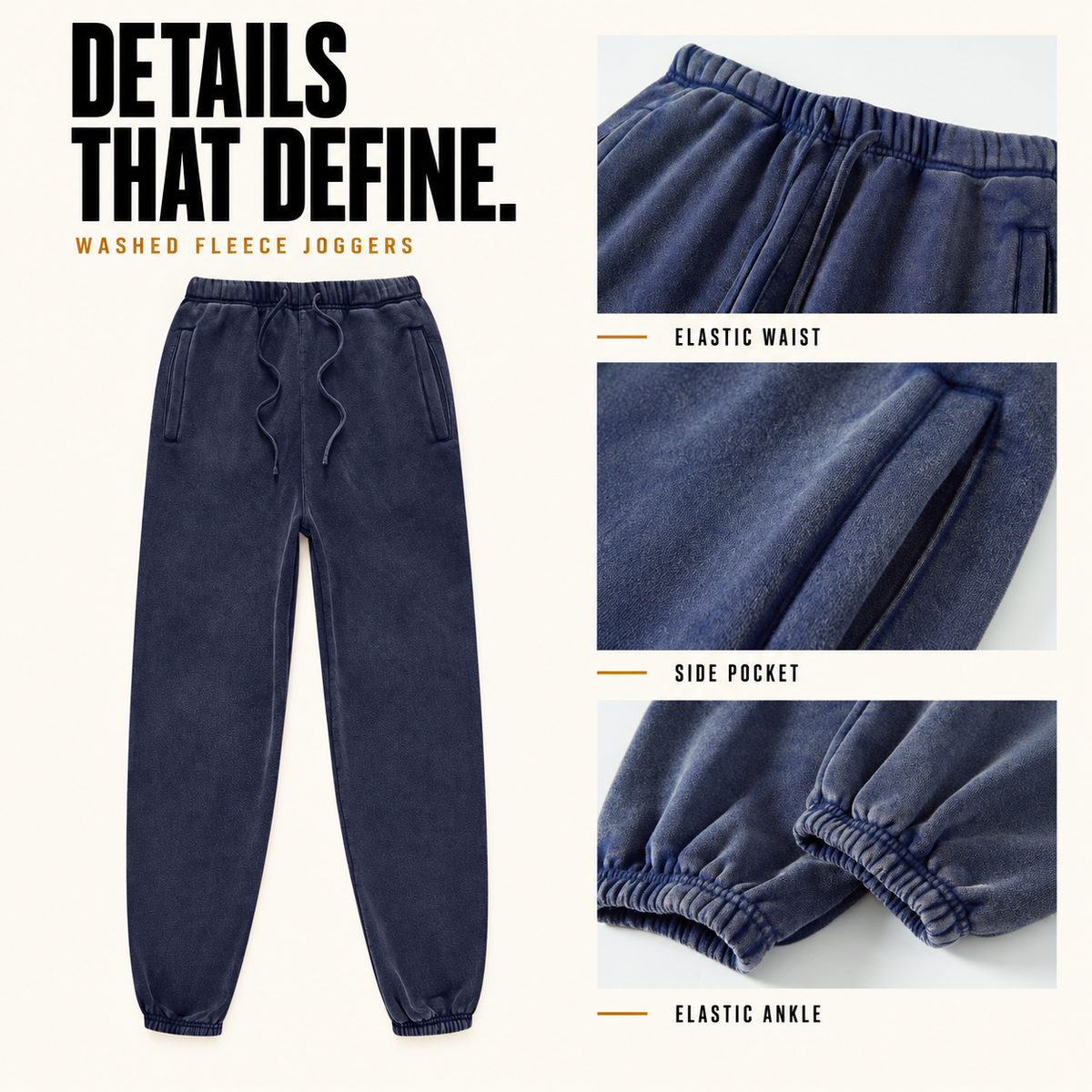 A6213 vintage washed fleece joggers, close-up construction details