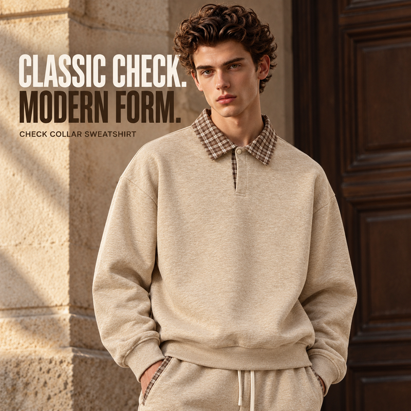 Check-Collar Heather Polo Sweatshirt