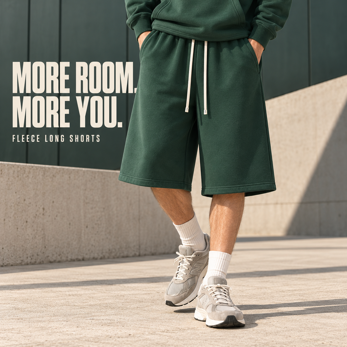 A6282 Rainforest Green wide-leg drawcord fleece bermuda shorts, front styling view