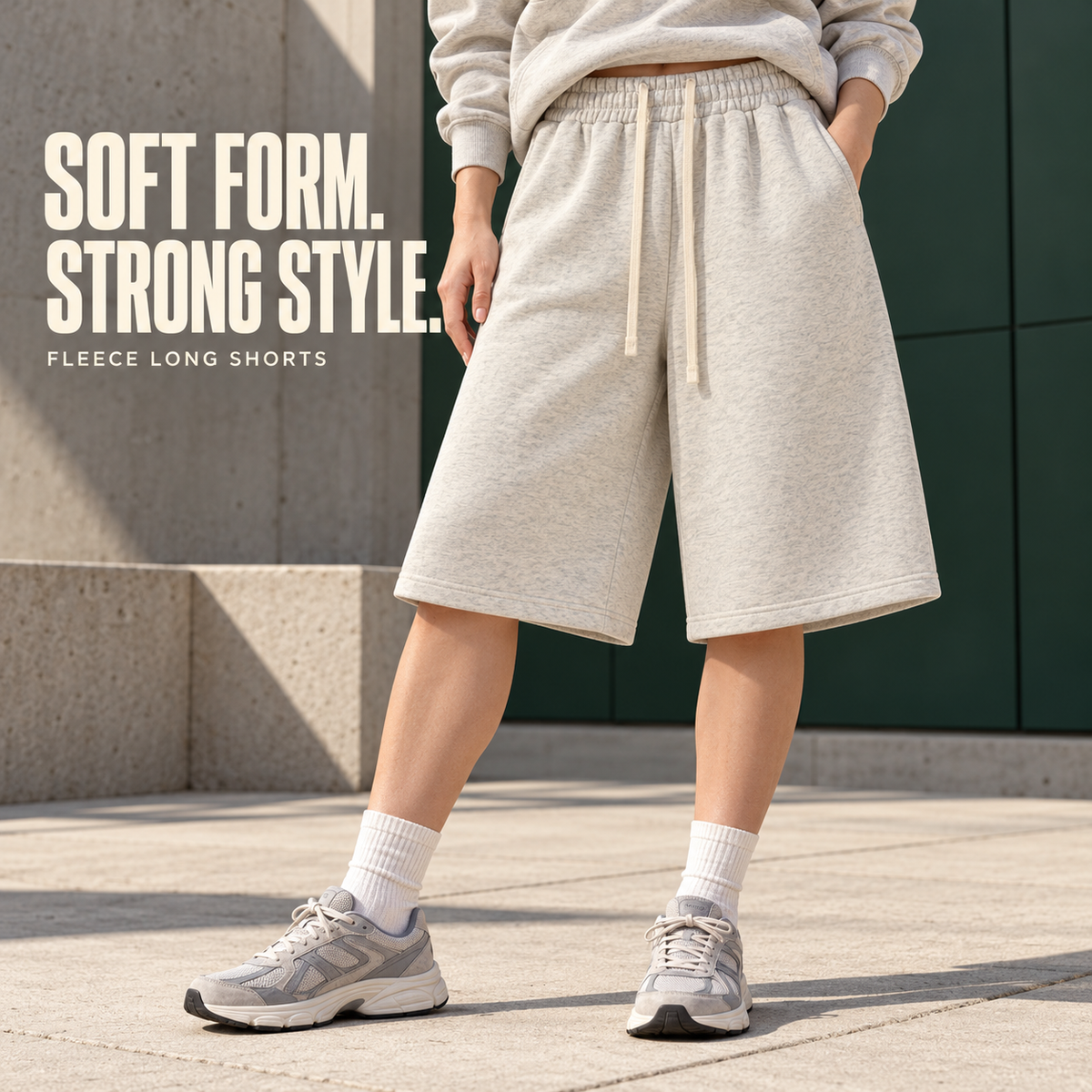 A6282 Oat Grey wide-leg drawcord fleece bermuda shorts, alternate styling view
