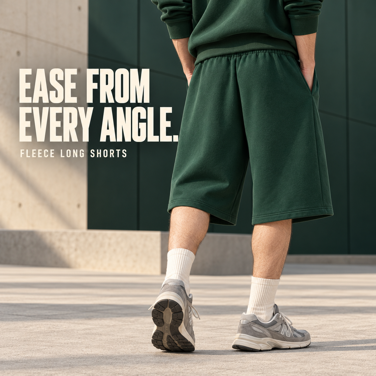 A6282 Rainforest Green wide-leg drawcord fleece bermuda shorts, rear or three-quarter styling view