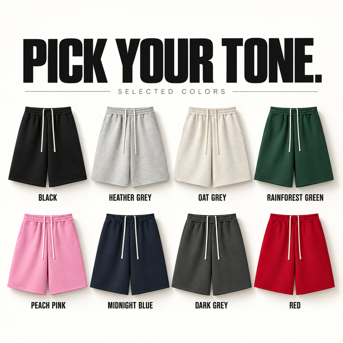 A6282 complete ready-stock color selection board showing Black, Heather Grey, Oat Grey, Rainforest Green, Peach Pink, Midnight Blue, Dark Grey, Red