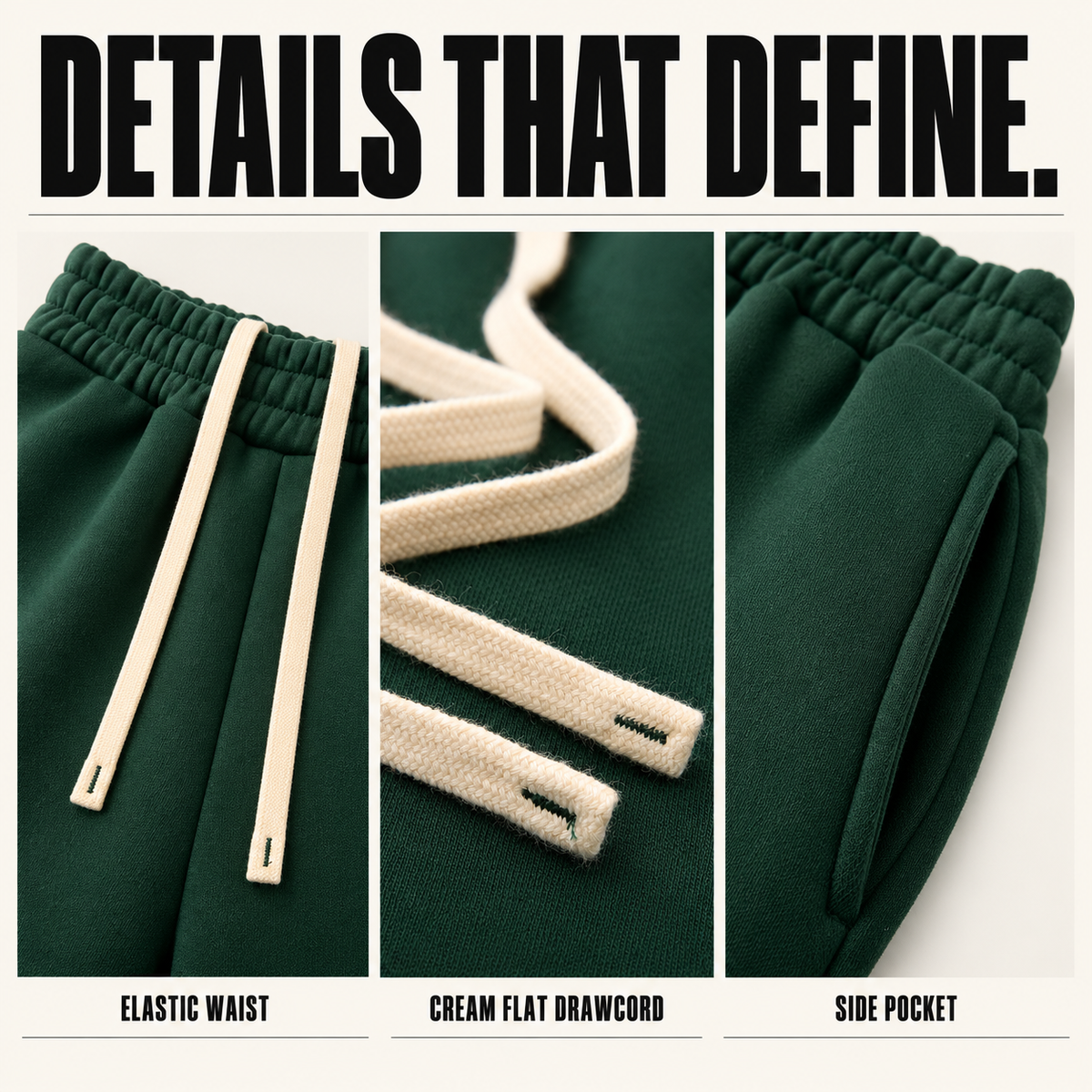 A6282 wide-leg drawcord fleece bermuda shorts, close-up construction details