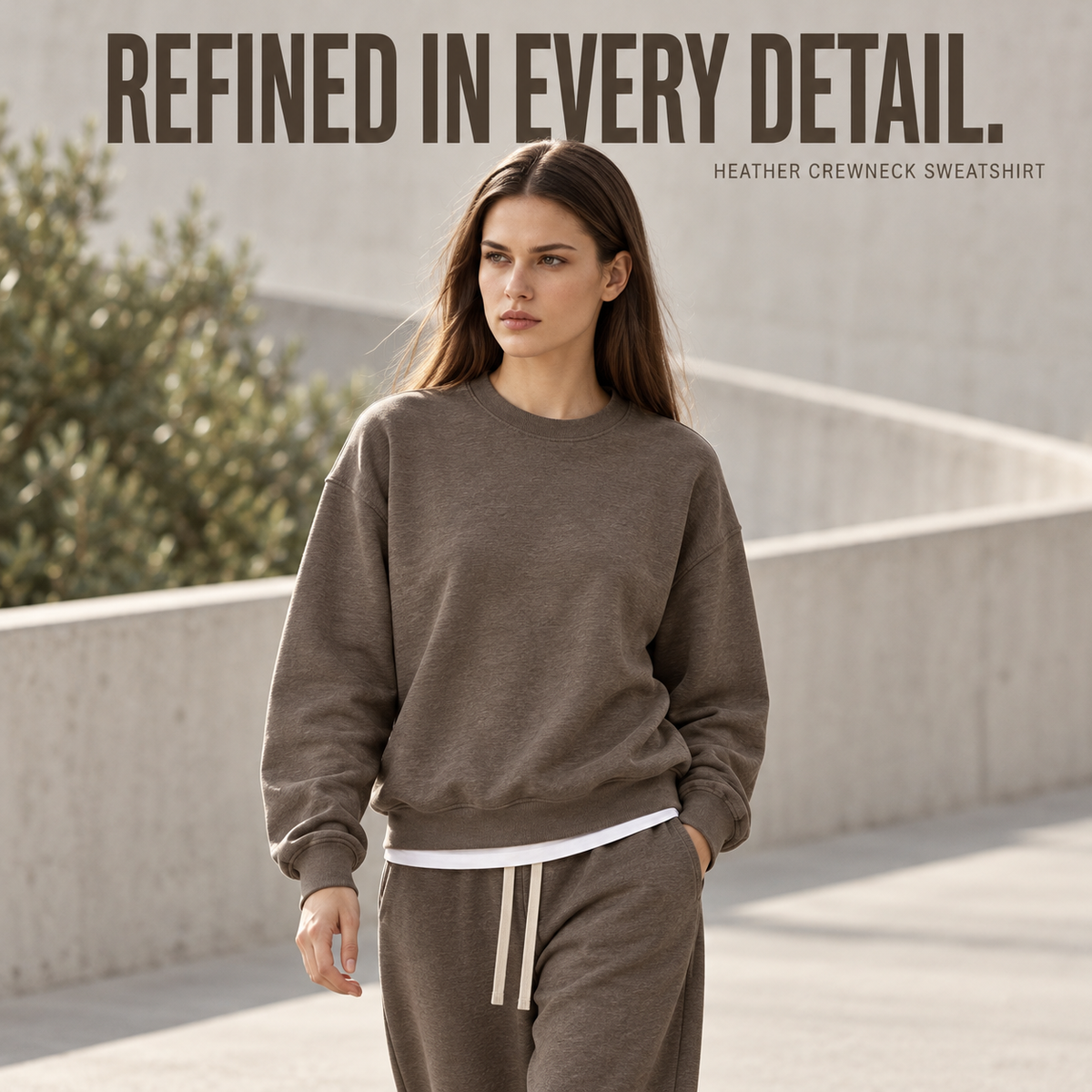 A63362 Coffee Brown boxy heather crewneck sweatshirt, alternate styling view
