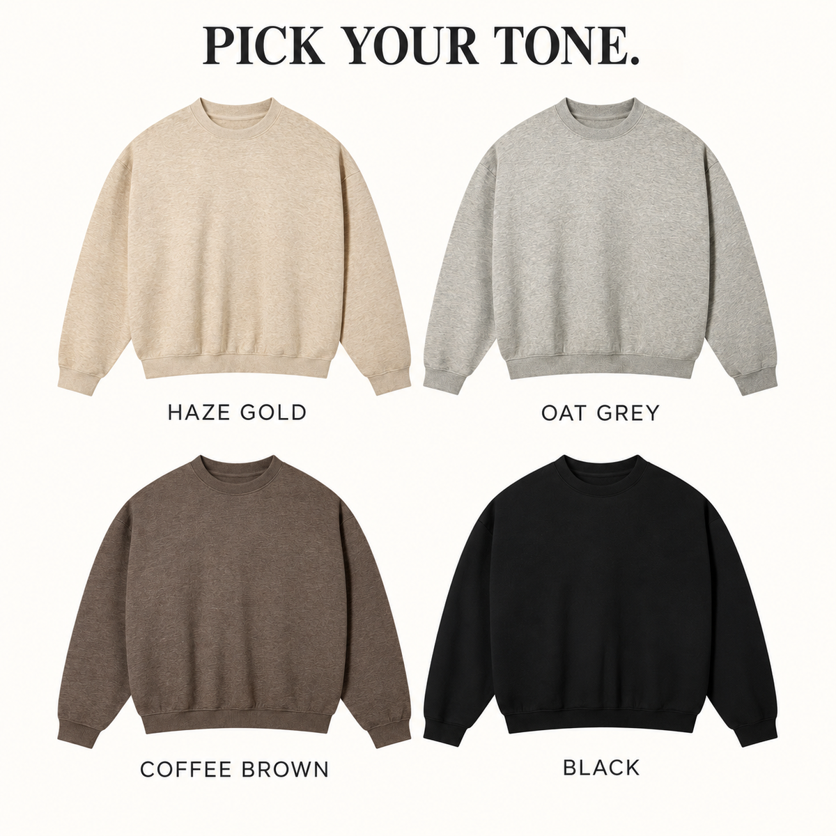 A63362 complete ready-stock color selection board showing Haze Gold, Oat Grey, Coffee Brown, Black