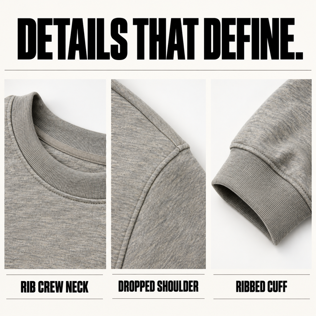 A63362 boxy heather crewneck sweatshirt, close-up construction details