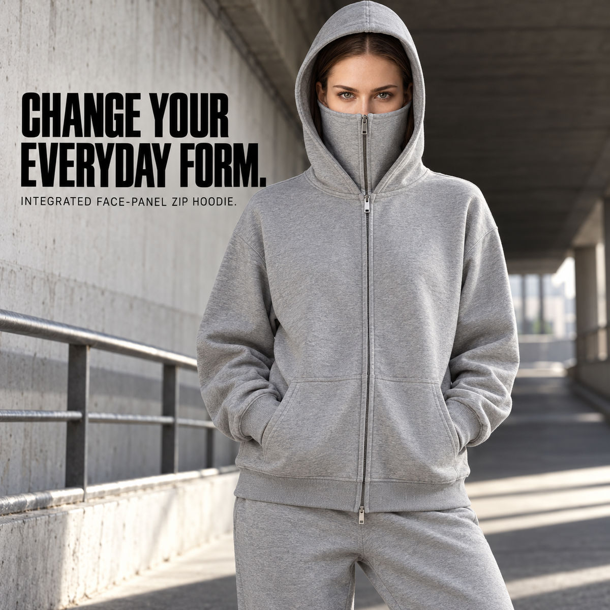 A63552 Heather Grey two-way zip hoodie with concealed face panel, alternate styling view