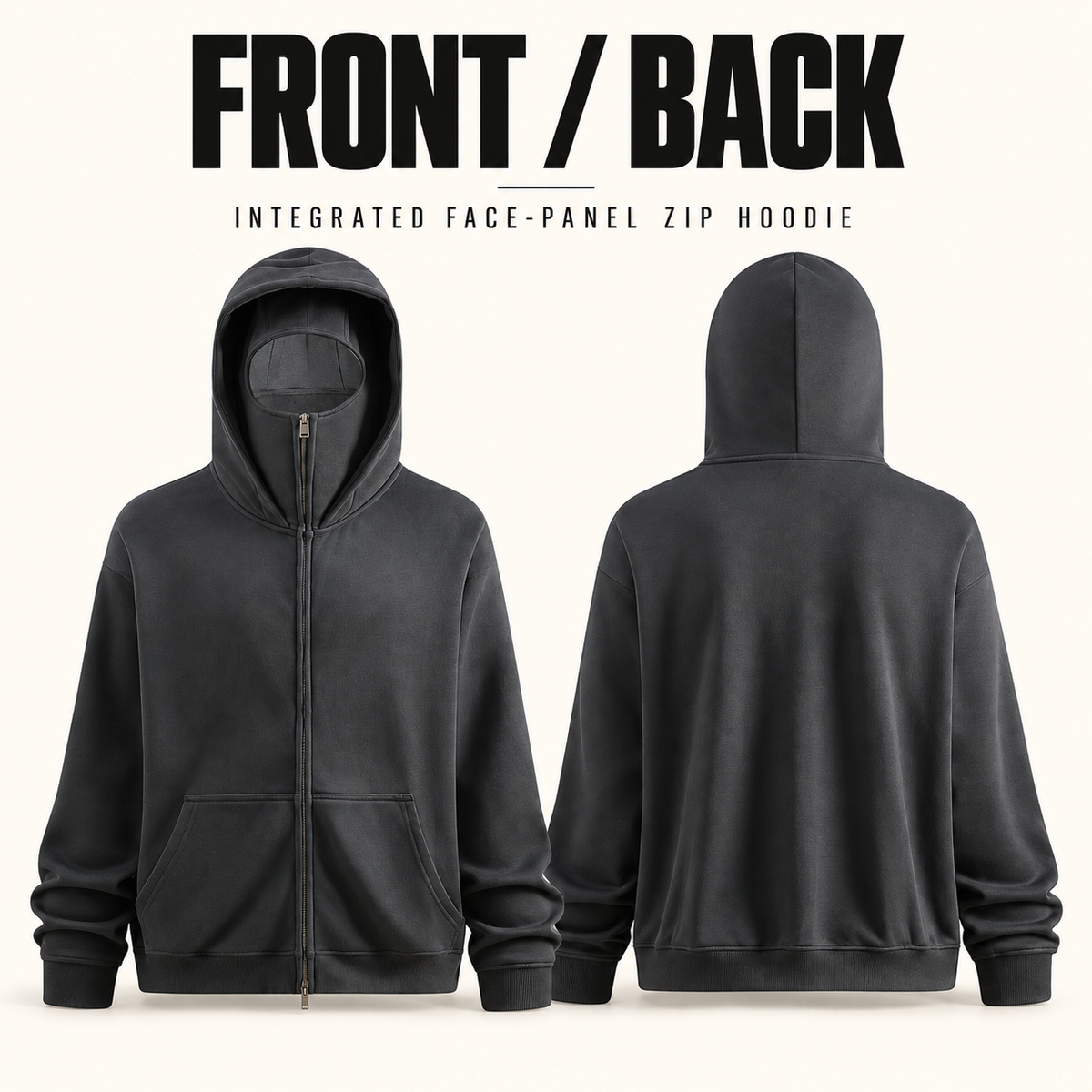 A63552 two-way zip hoodie with concealed face panel, front and back garment construction