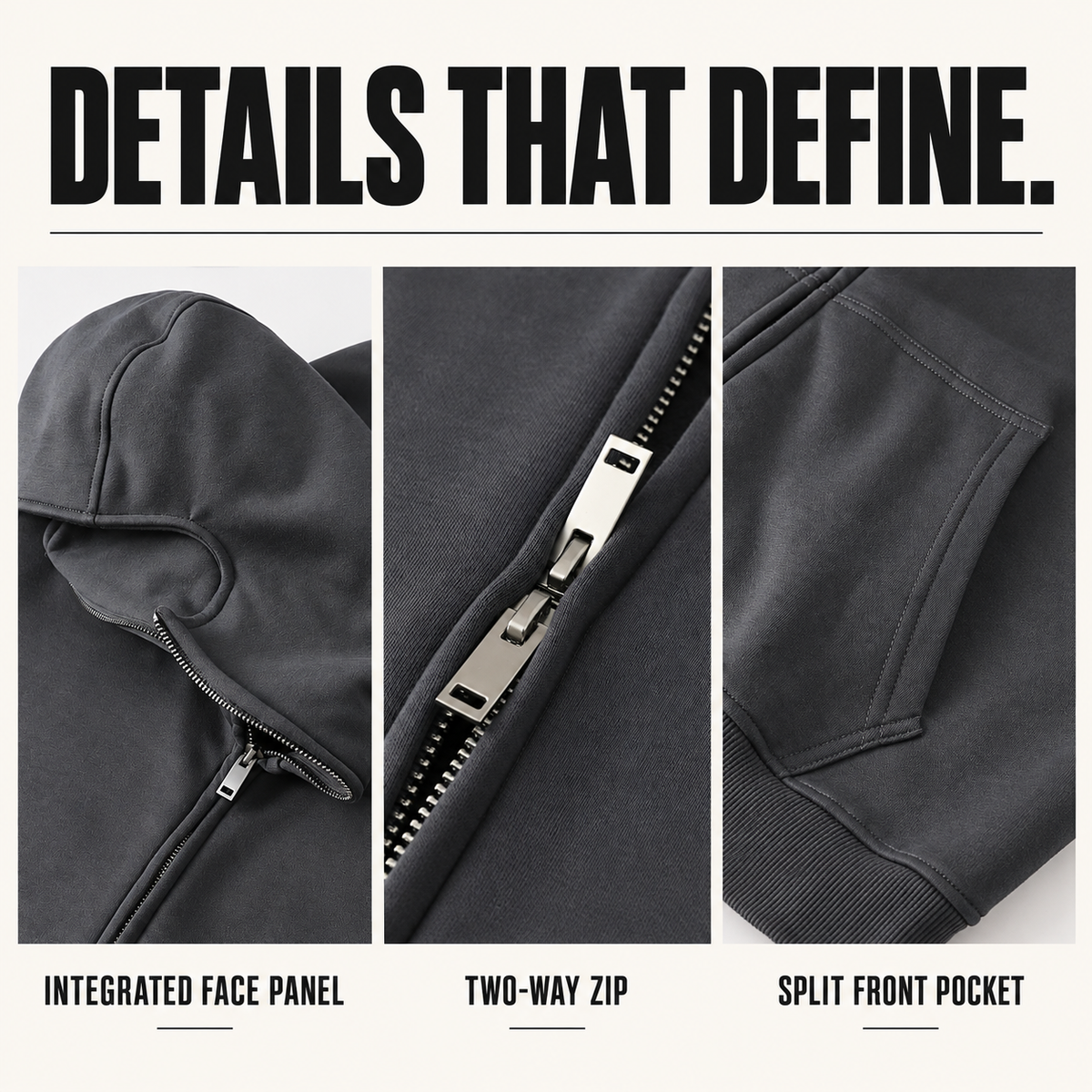 A63552 two-way zip hoodie with concealed face panel, close-up construction details