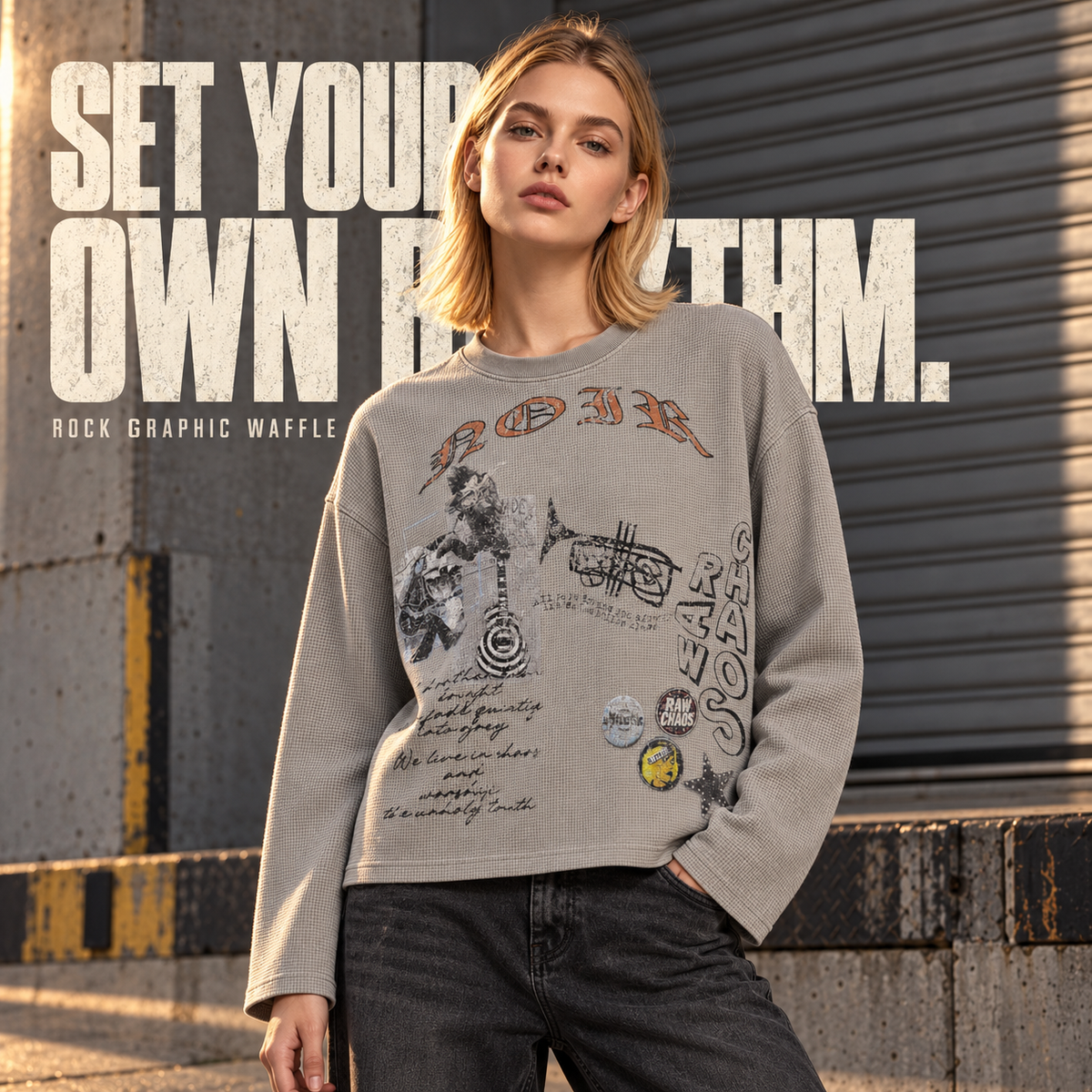 A6368 Light Gray rock collage waffle long sleeve t-shirt, alternate styling view