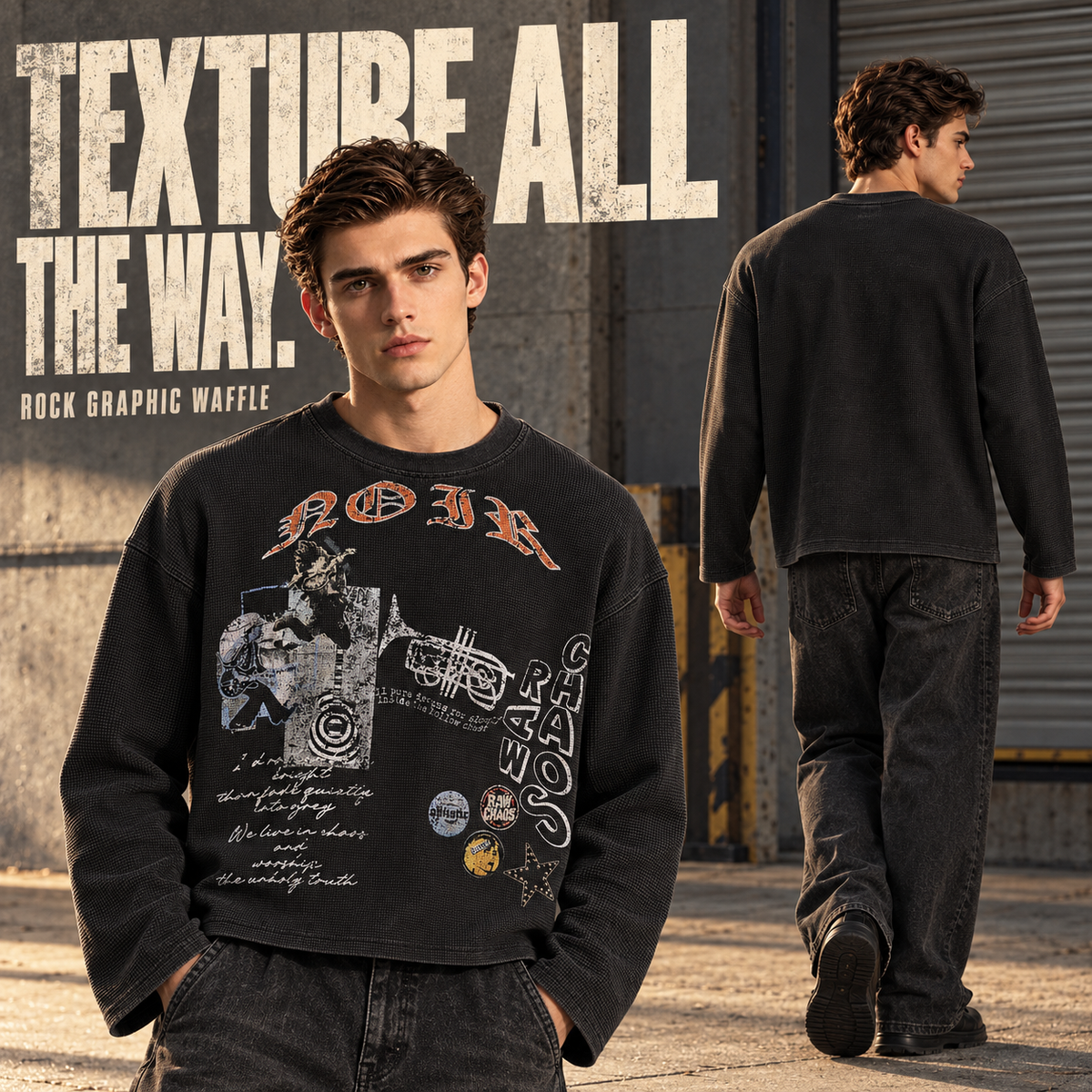 A6368 Snow Wash Black rock collage waffle long sleeve t-shirt, rear or three-quarter styling view