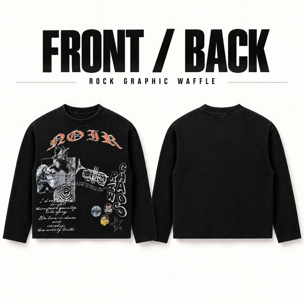 A6368 rock collage waffle long sleeve t-shirt, front and back garment construction