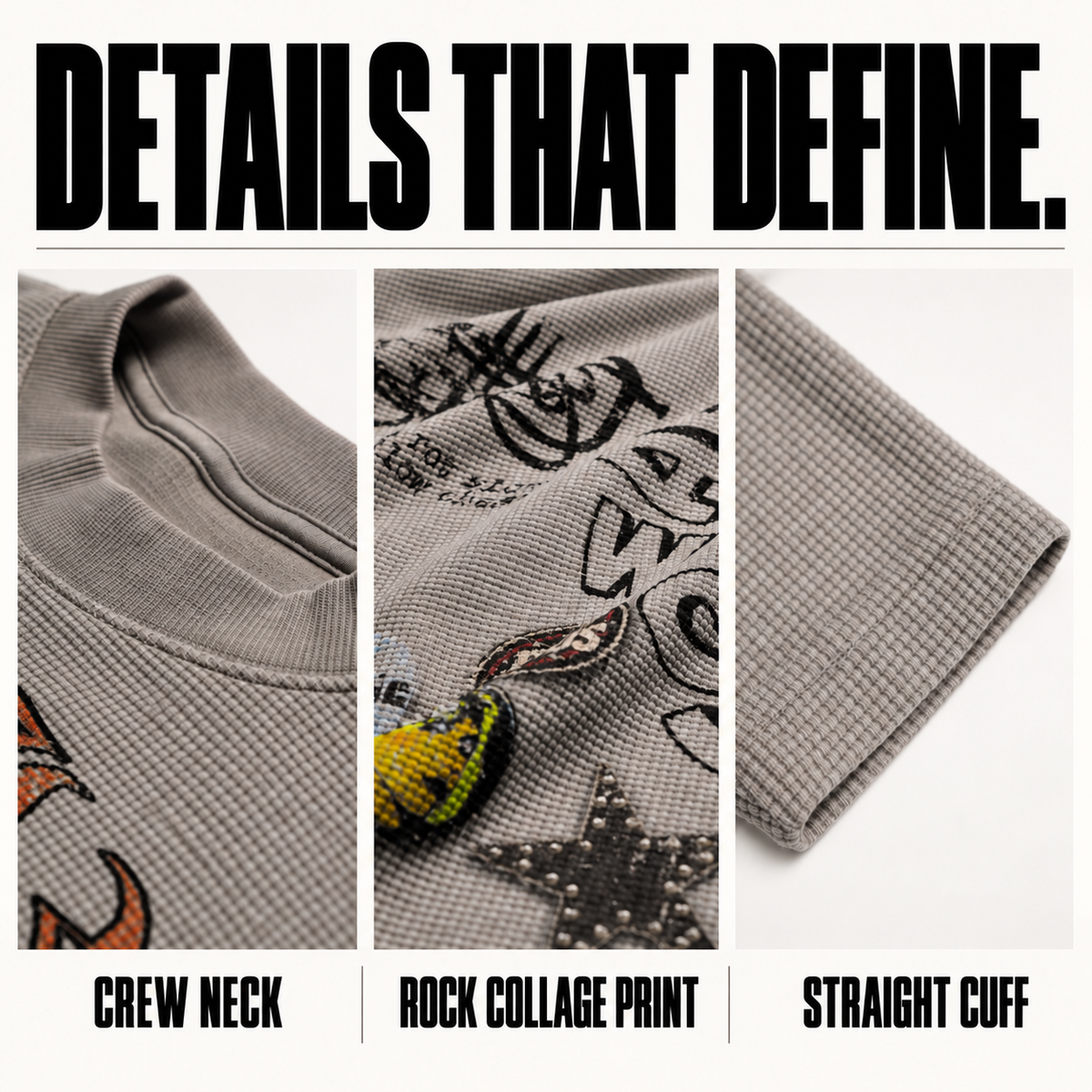 A6368 rock collage waffle long sleeve t-shirt, close-up construction details