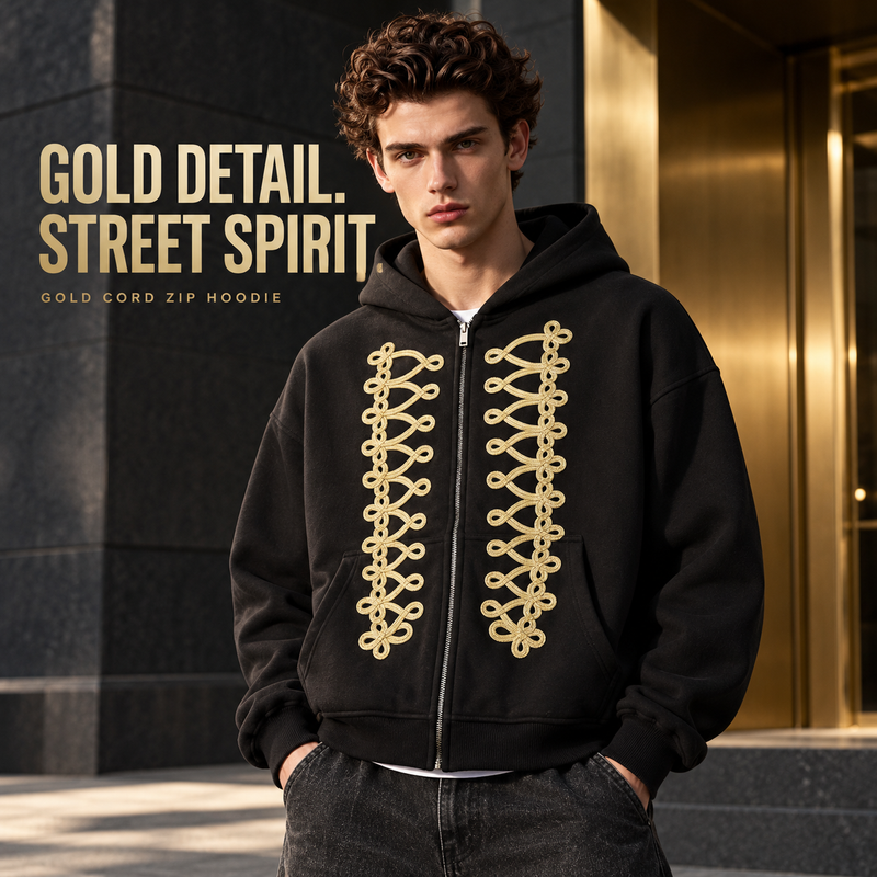 Gold Cord Embroidered Fleece Zip Hoodie