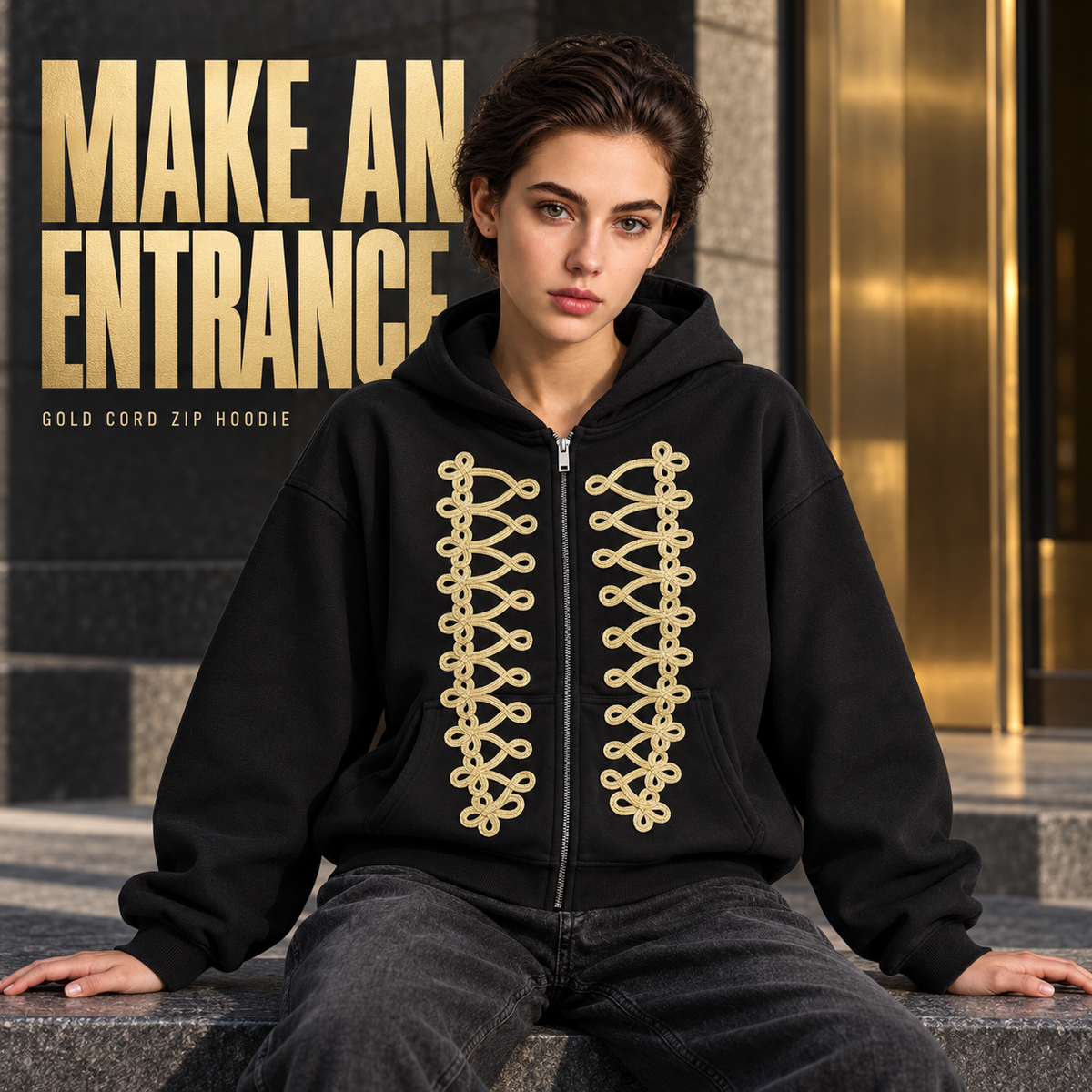 A6468 Black gold cord embroidered fleece zip hoodie, alternate styling view