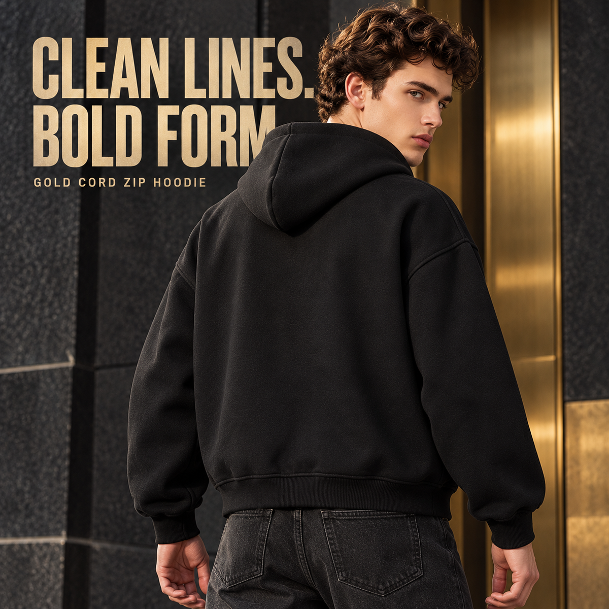 A6468 Black gold cord embroidered fleece zip hoodie, rear or three-quarter styling view