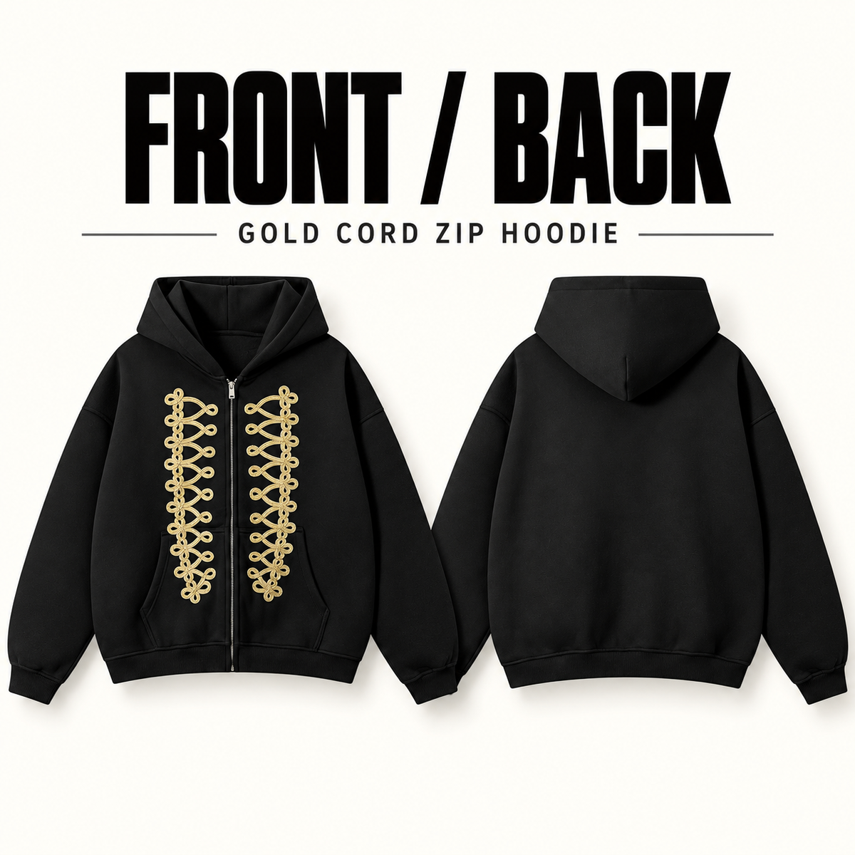 A6468 gold cord embroidered fleece zip hoodie, front and back garment construction
