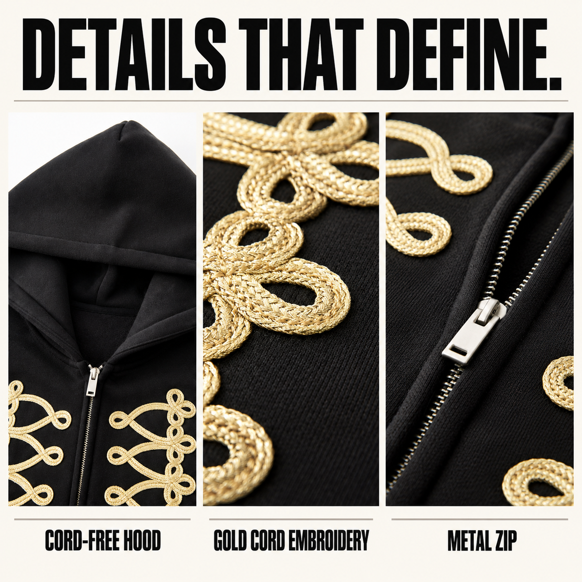 A6468 gold cord embroidered fleece zip hoodie, close-up construction details