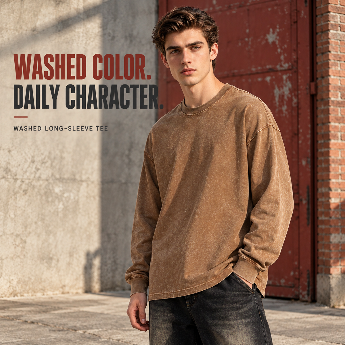 A6510 Coffee washed cotton long sleeve t-shirt, front styling view