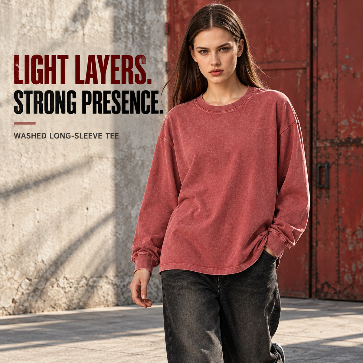 A6510 Vintage Red washed cotton long sleeve t-shirt, alternate styling view