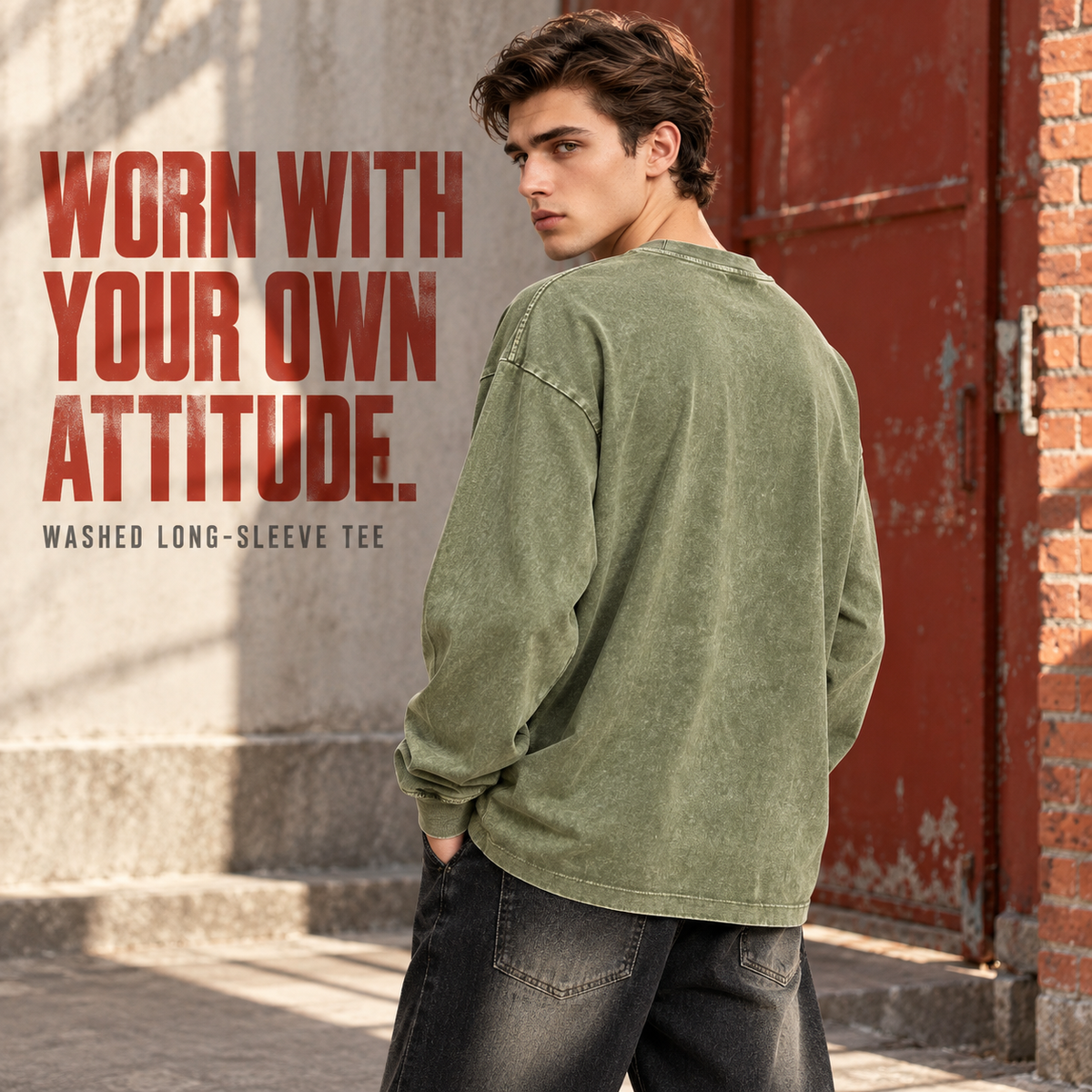 A6510 Olive Green washed cotton long sleeve t-shirt, rear or three-quarter styling view