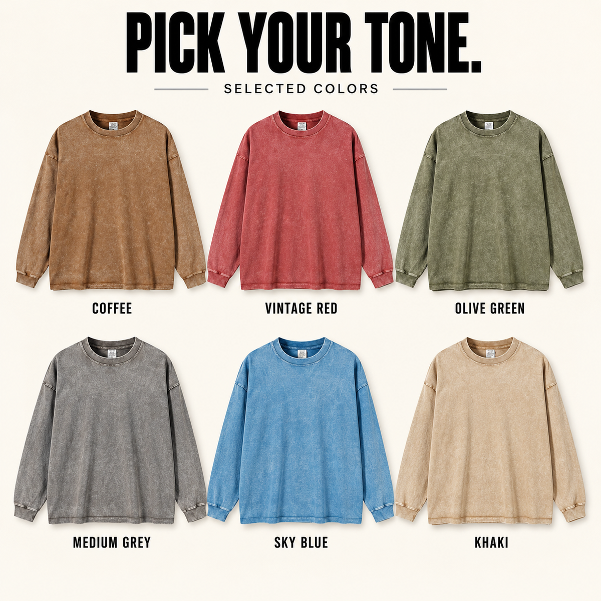 A6510 washed cotton long sleeve t-shirt, ready-stock color selection