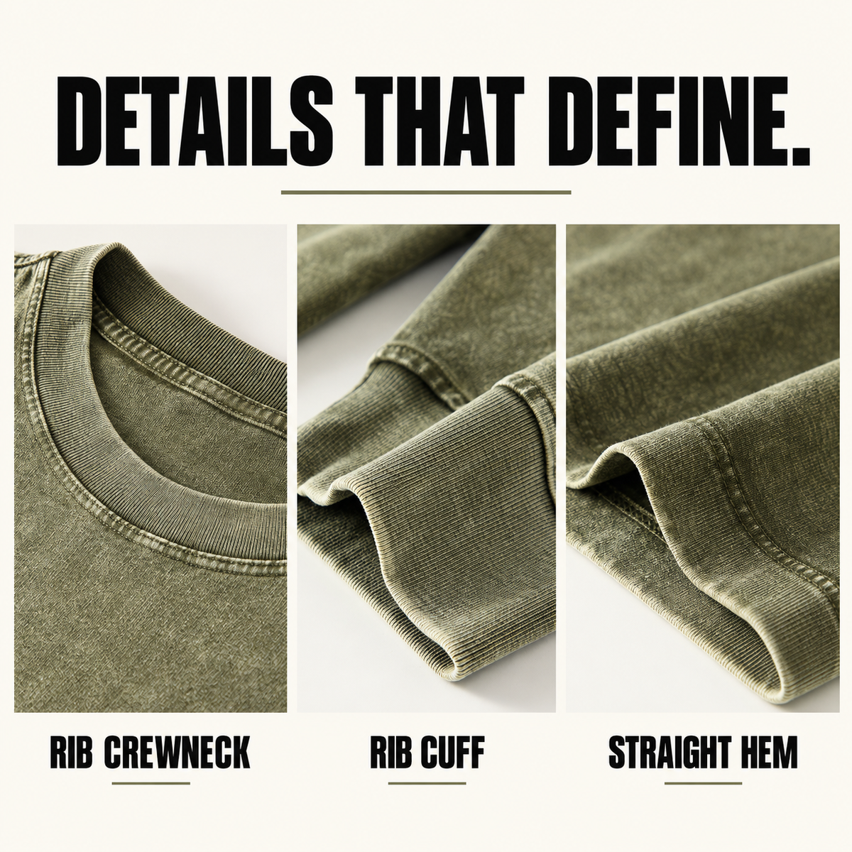 A6510 washed cotton long sleeve t-shirt, close-up construction details