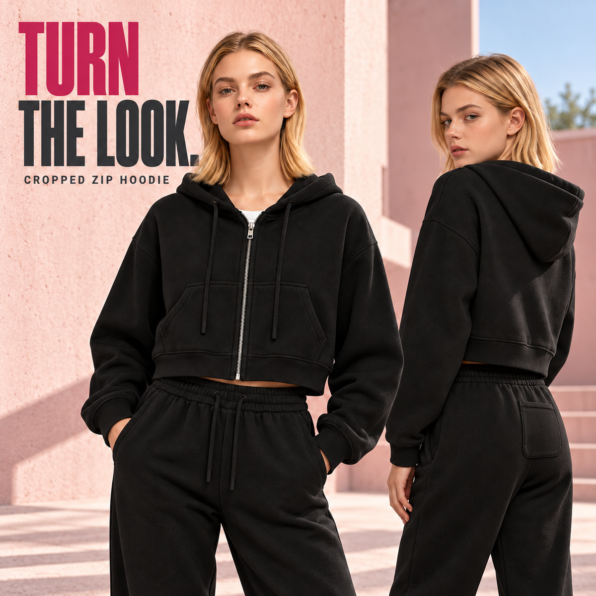 A65142 Black women's cropped fleece zip hoodie, rear or three-quarter styling view
