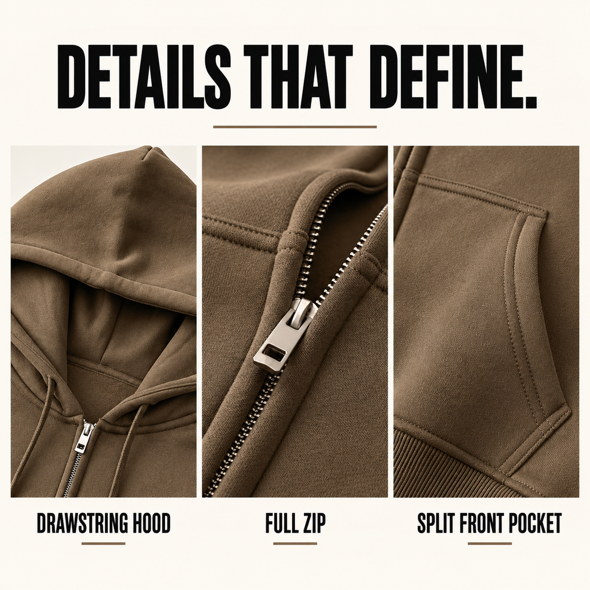 A65142 women's cropped fleece zip hoodie, close-up construction details