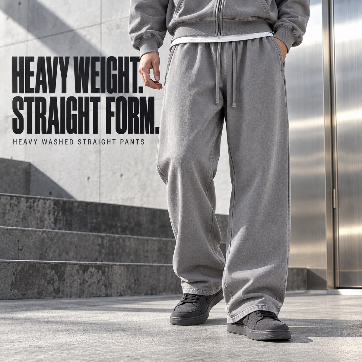 A65552 Medium Grey heavy washed cotton straight-leg sweatpants, front styling view