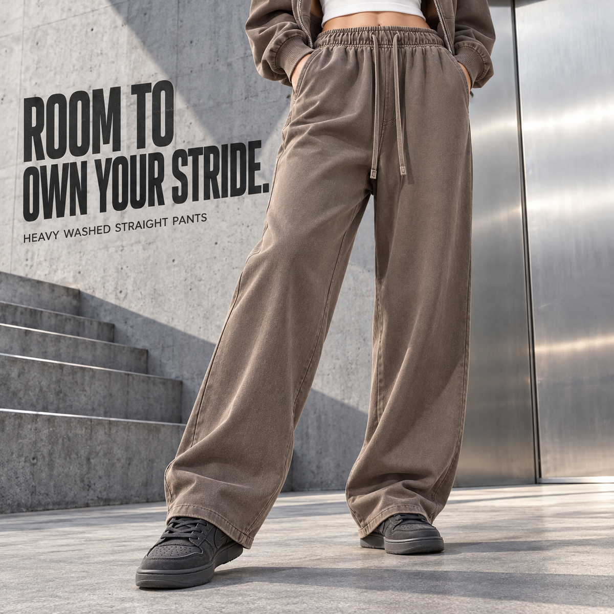A65552 Coffee heavy washed cotton straight-leg sweatpants, alternate styling view