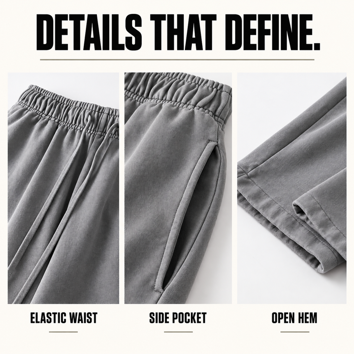 A65552 heavy washed cotton straight-leg sweatpants, close-up construction details