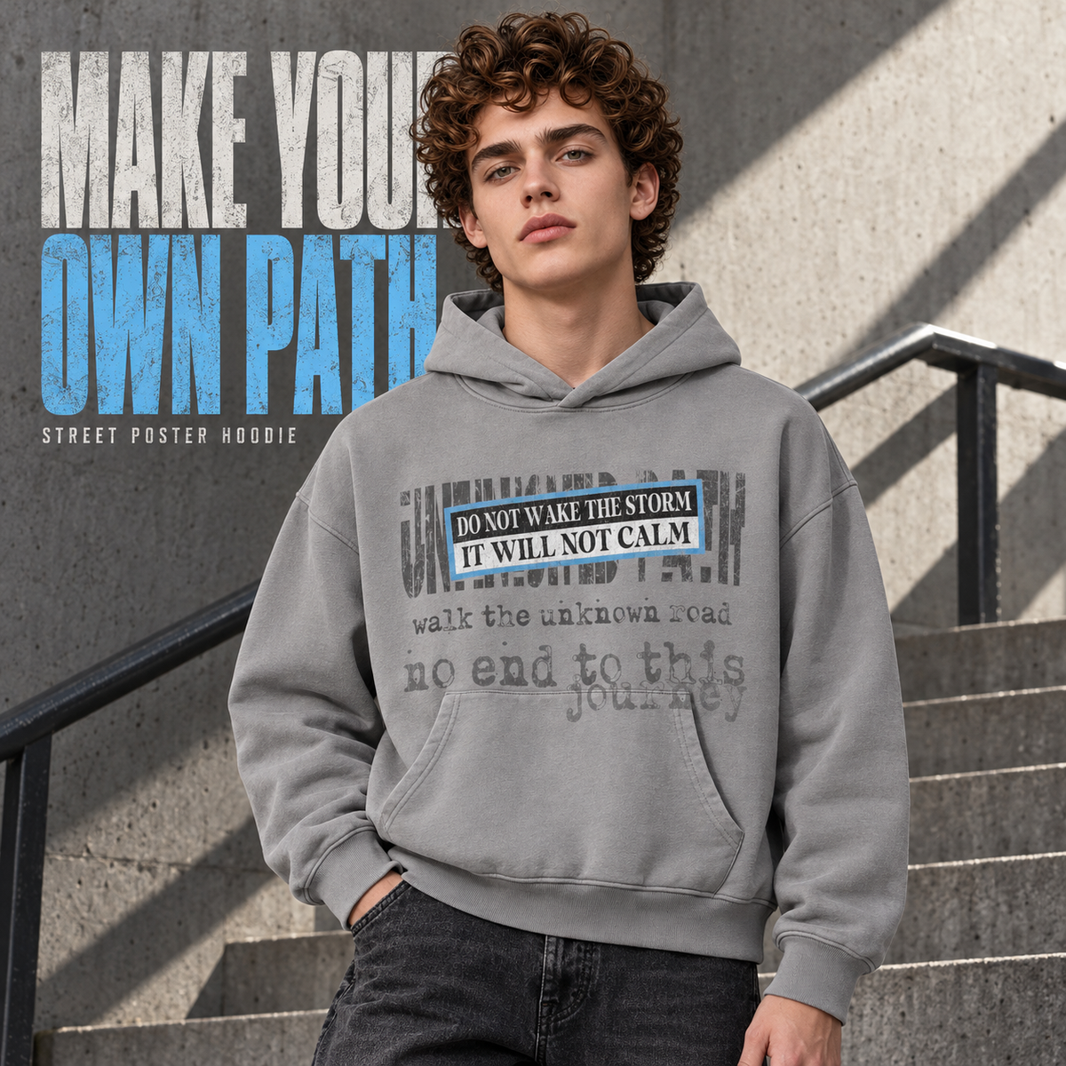 A6568 Medium Grey street poster print washed cotton hoodie, front styling view