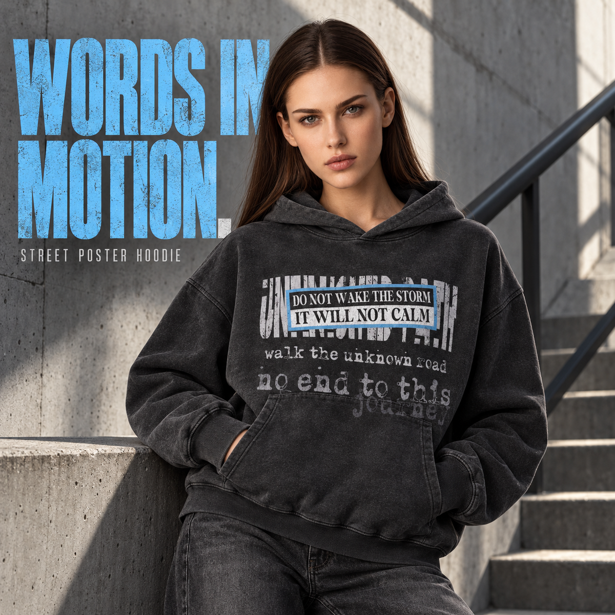 A6568 Snow Wash Black street poster print washed cotton hoodie, alternate styling view