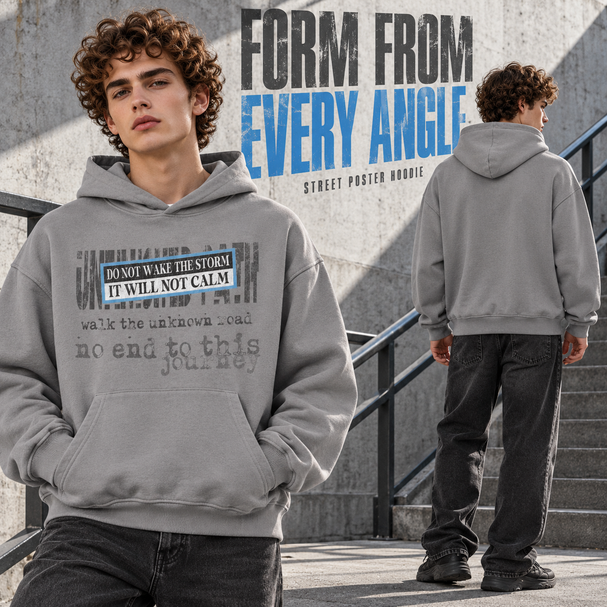 A6568 Medium Grey street poster print washed cotton hoodie, rear or three-quarter styling view