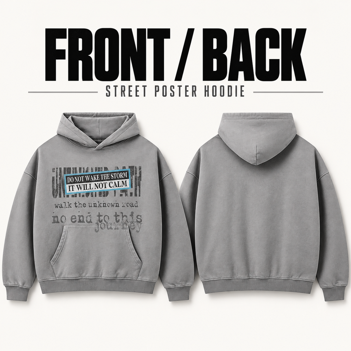 A6568 street poster print washed cotton hoodie, front and back garment construction