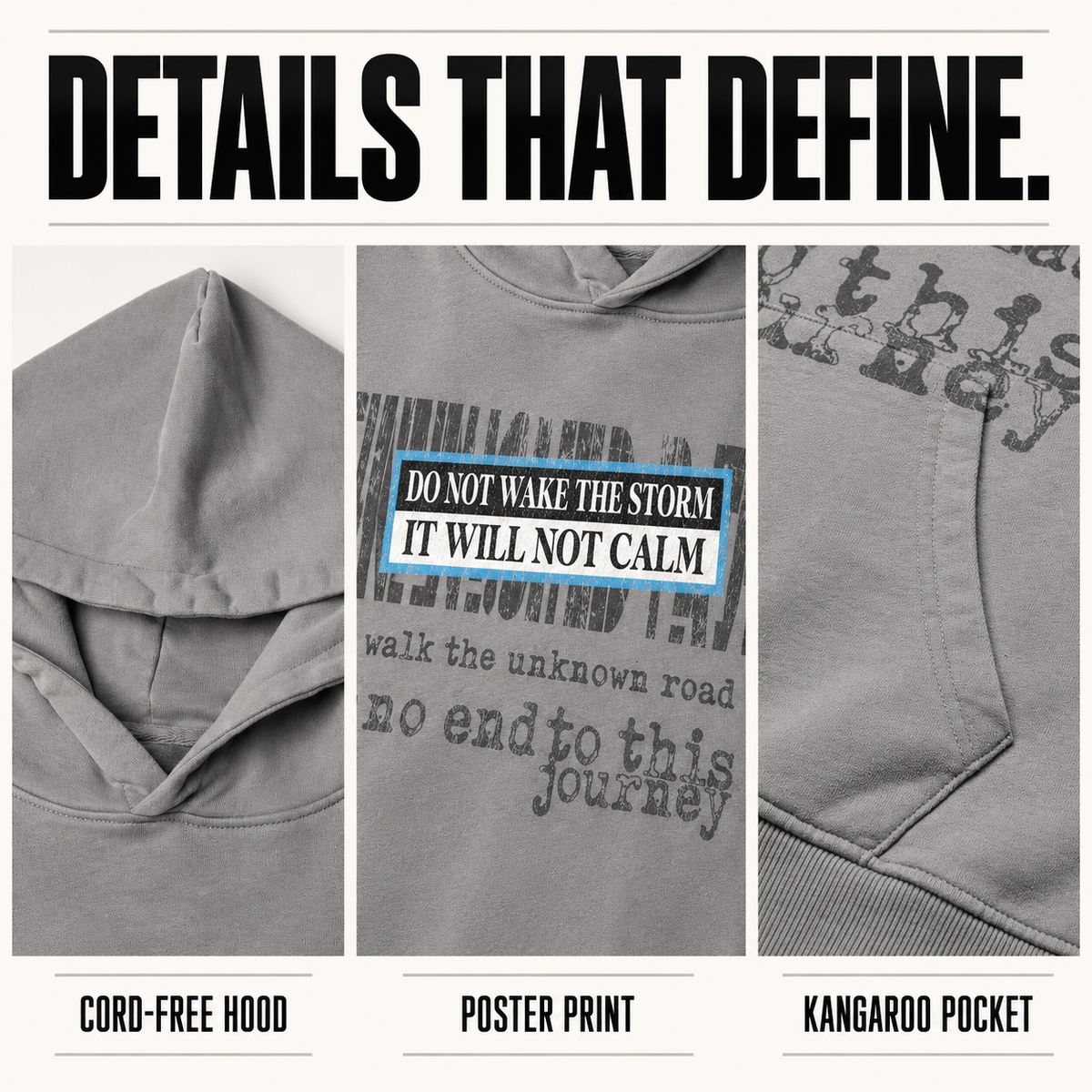 A6568 street poster print washed cotton hoodie, close-up construction details