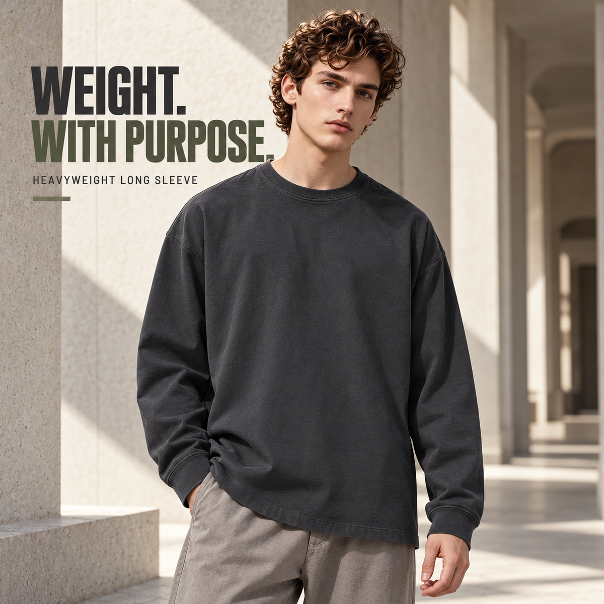 A6810 Charcoal oversized heavy cotton long sleeve t-shirt, front styling view